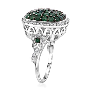 D'Joy Kagem Zambian Emerald and White Zircon 2.40 ctw Blush Blossom Ring in Rhodium Over Sterling Silver (Size 6.0)