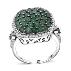 Kagem Zambian Emerald and White Zircon 2.40 ctw Blush Blossom Ring in Rhodium Over Sterling Silver (Size 7.0)