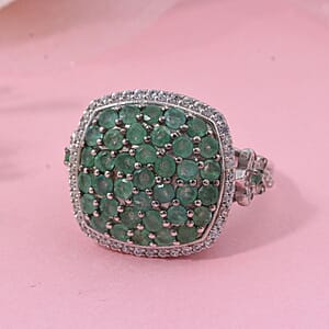 D'Joy Kagem Zambian Emerald and White Zircon 2.40 ctw Blush Blossom Ring in Rhodium Over Sterling Silver (Size 7.0)