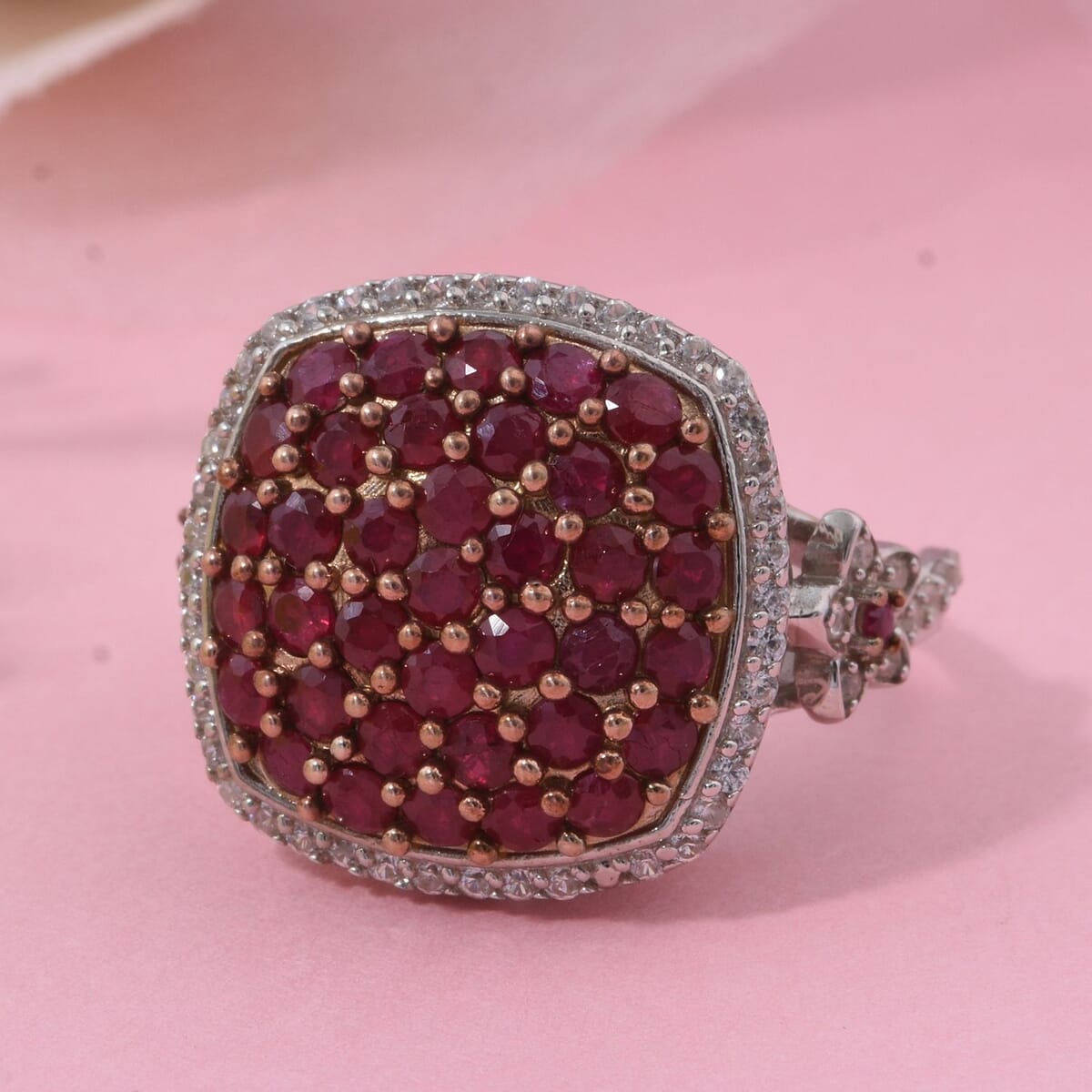 D'Joy Mozambique Ruby and White Zircon 2.40 ctw Blush Blossom Ring in Rhodium Over Sterling Silver (Size 10.0) image number 1
