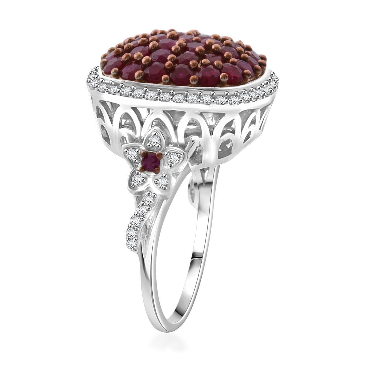 D'Joy Mozambique Ruby and White Zircon 2.40 ctw Blush Blossom Ring in Rhodium Over Sterling Silver (Size 10.0) image number 3
