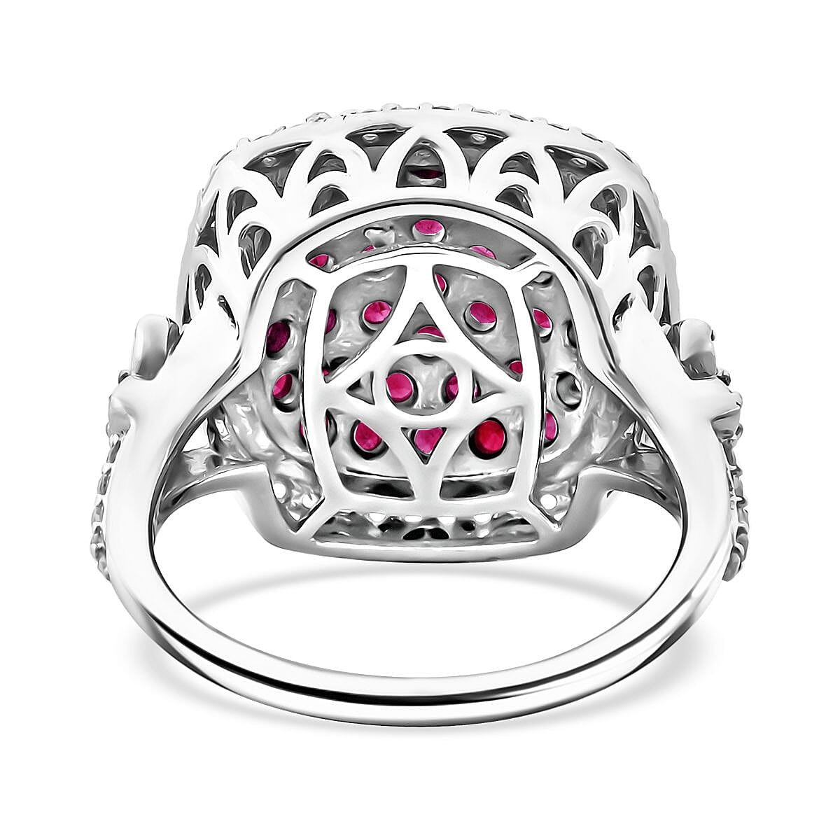 D'Joy Mozambique Ruby and White Zircon 2.40 ctw Blush Blossom Ring in Rhodium Over Sterling Silver (Size 7.0) image number 4