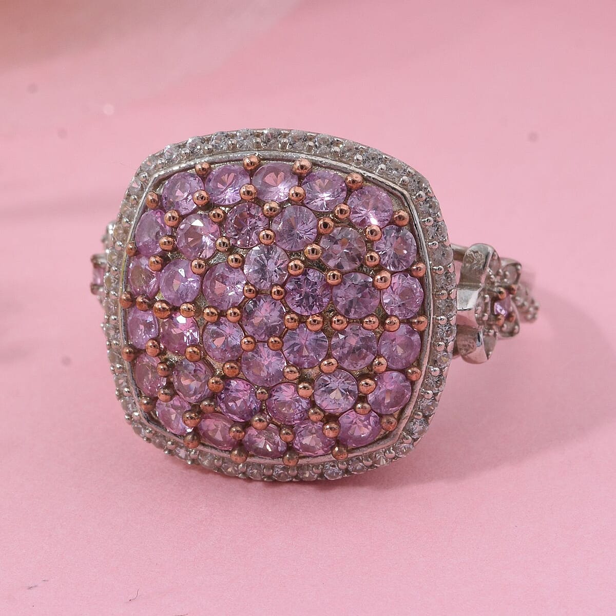 D'Joy Madagascar Pink Sapphire and White Zircon 2.40 ctw Blush Blossom Ring in Rhodium Over Sterling Silver (Size 10.0)  image number 1