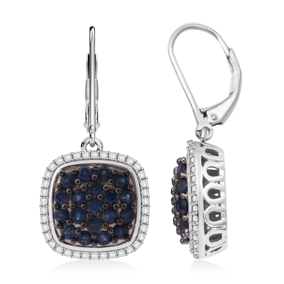 Kanchanaburi Blue Sapphire and White Zircon 2.65 ctw Earrings in Rhodium Over Sterling Silver (Size 8.0) image number 0