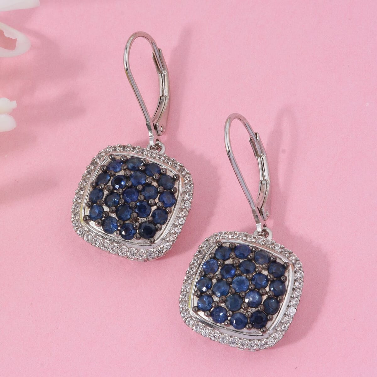 Kanchanaburi Blue Sapphire and White Zircon 2.65 ctw Earrings in Rhodium Over Sterling Silver (Size 8.0) image number 1