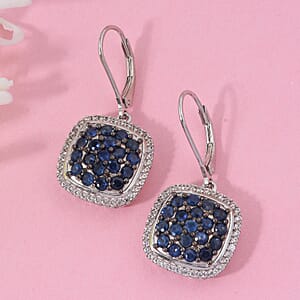 Kanchanaburi Blue Sapphire and White Zircon 2.65 ctw Blush Blossom Earrings in Rhodium Over Sterling Silver 