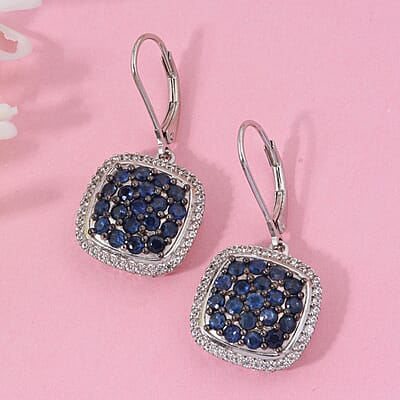 Kanchanaburi Blue Sapphire and White Zircon 2.65 ctw Blush Blossom Earrings in Rhodium Over Sterling Silver