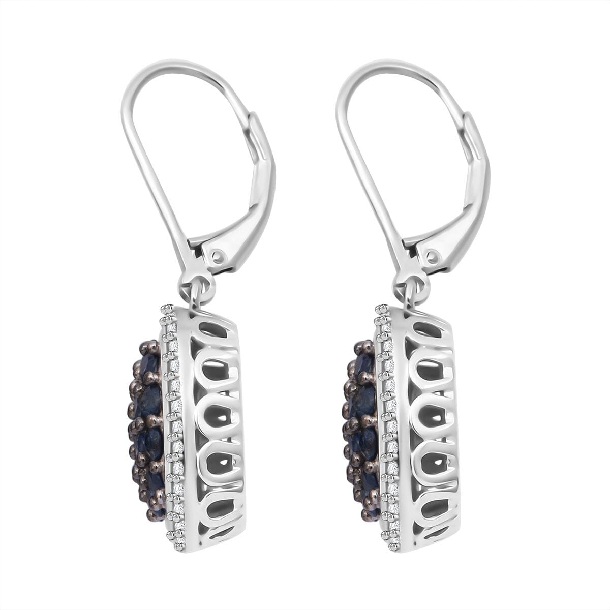 Kanchanaburi Blue Sapphire and White Zircon 2.65 ctw Earrings in Rhodium Over Sterling Silver (Size 8.0) image number 3