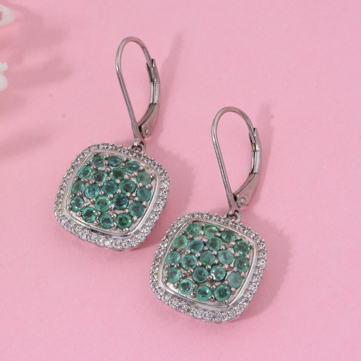 Kagem Zambian Emerald and White Zircon 2.65 ctw Blush Blossom Earrings in Rhodium Over Sterling Silver image number 1