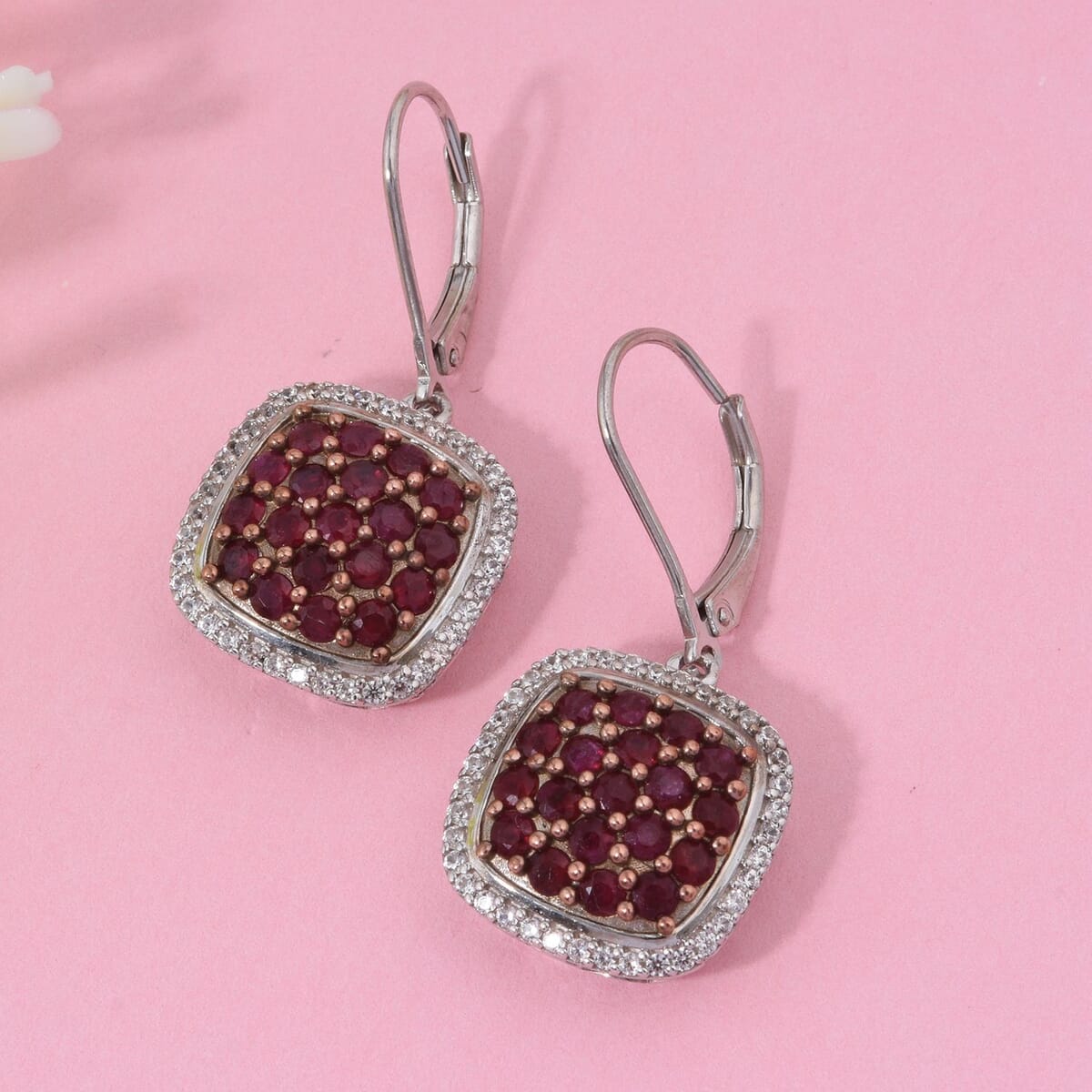 Mozambique Ruby and White Zircon 2.65 ctw Blush Blossom Earrings in Rhodium Over Sterling Silver (Size 6.0) image number 1