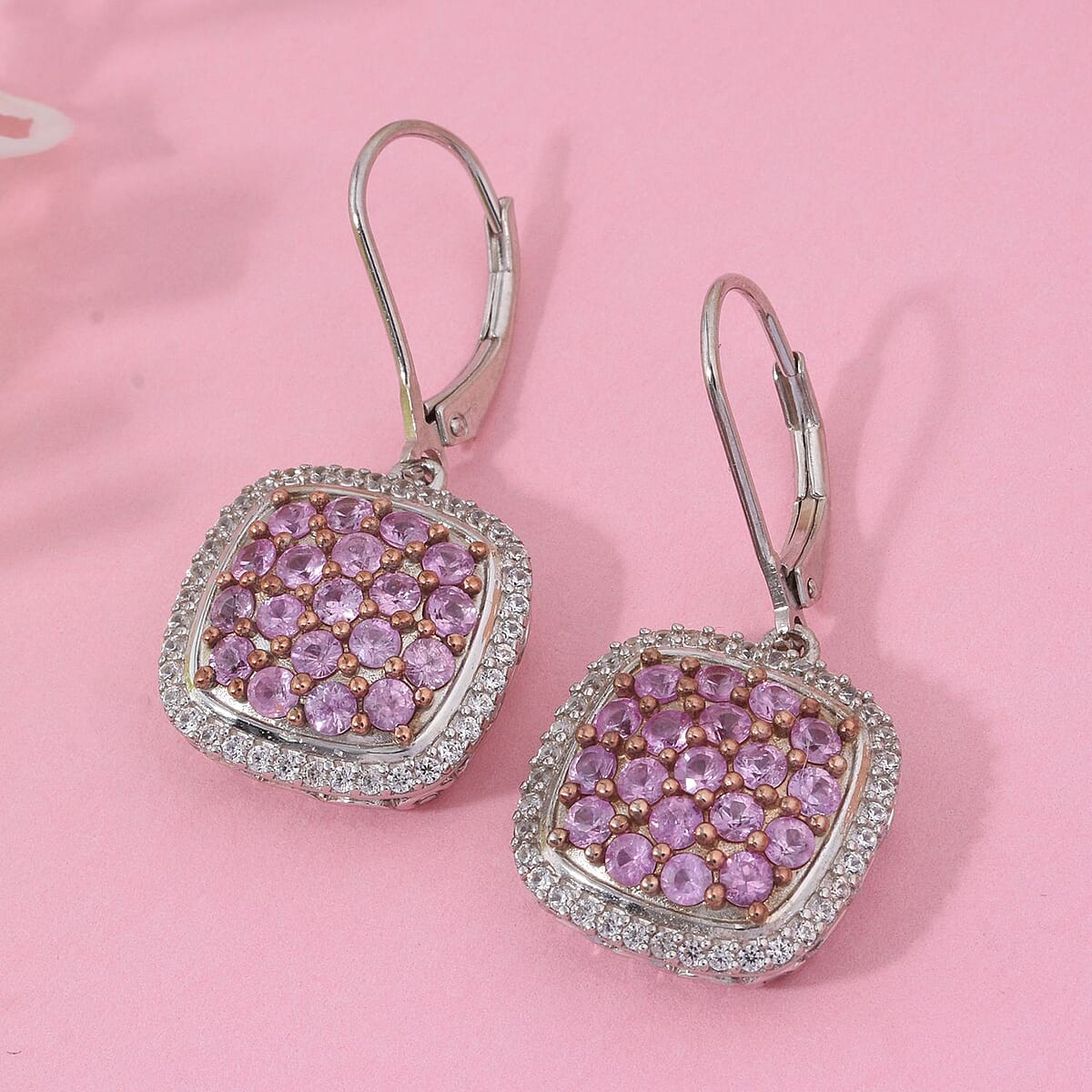 Madagascar Pink Sapphire and White Zircon Blush Blossom Earrings 2.65 ctw in Rhodium Over Sterling Silver (Size 7.0) image number 1