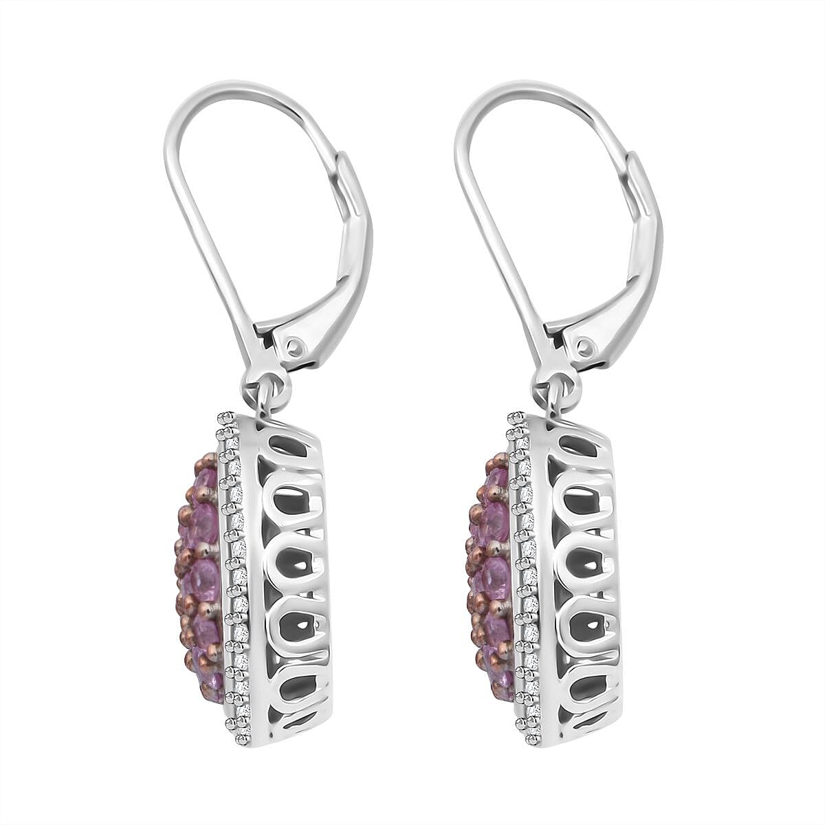 Madagascar Pink Sapphire and White Zircon Blush Blossom Earrings 2.65 ctw in Rhodium Over Sterling Silver (Size 7.0) image number 3