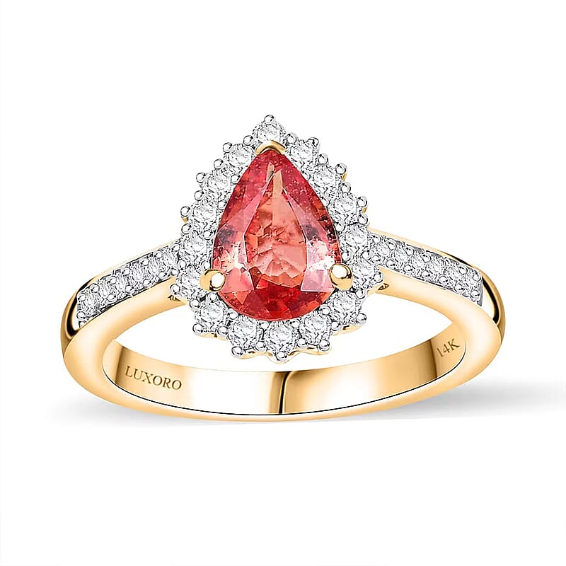 Certified & Appraised Luxoro AAA Padparadscha Sapphire (BT) 5.0) and I2 Diamond 1.85 ctw Halo Ring in 14K Yellow Gold (Size 8.0)
