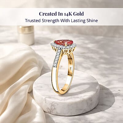Certified & Appraised Luxoro AAA Padparadscha Sapphire (BT) 5.0) and I2 Diamond 1.85 ctw Halo Ring in 14K Yellow Gold (Size 8.0)