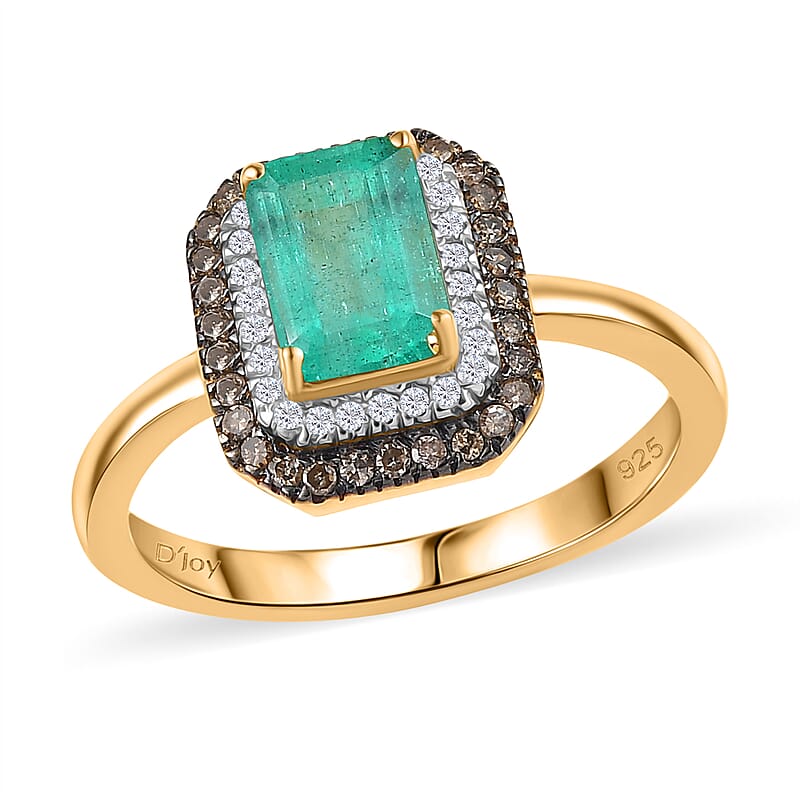 D'Joy Premium Kagem Zambian Emerald, Natural Champagne and White Diamond 1.25 ctw Art Deco Ring in 18K Vermeil Yellow Gold Over Sterling Silver (Size 10.0)