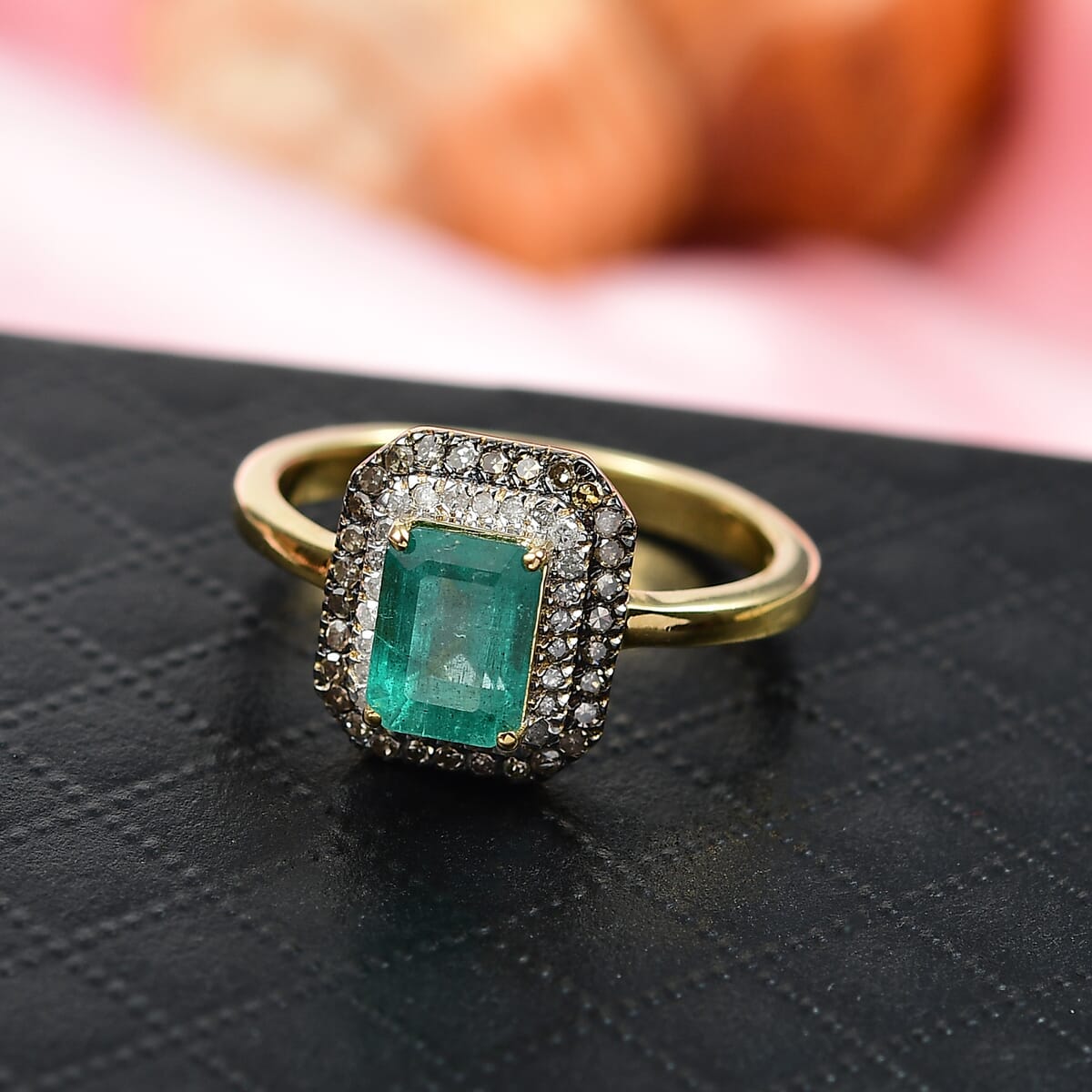 D'Joy Premium Kagem Zambian Emerald, Natural Champagne and White Diamond 1.25 ctw Art Deco Ring in 18K Vermeil Yellow Gold Over Sterling Silver (Size 10.0) image number 1