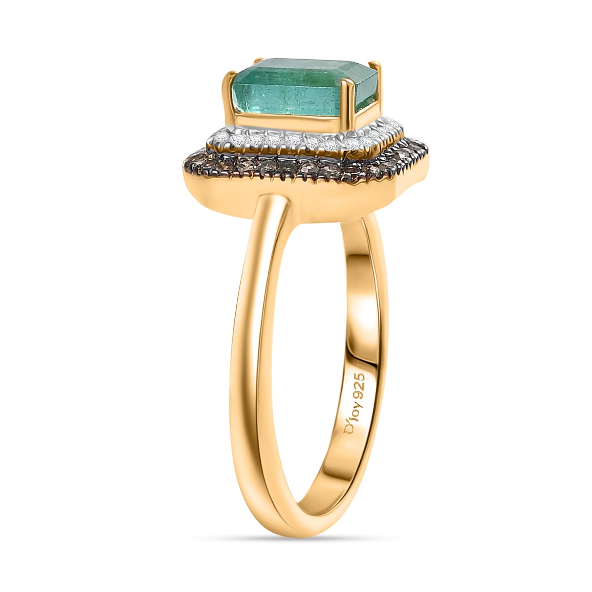 D'Joy Premium Kagem Zambian Emerald, Natural Champagne and White Diamond 1.25 ctw Art Deco Ring in 18K Vermeil Yellow Gold Over Sterling Silver (Size 10.0) image number 3
