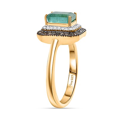 D'Joy Premium Kagem Zambian Emerald, Natural Champagne and White Diamond 1.25 ctw Art Deco Ring in 18K Vermeil Yellow Gold Over Sterling Silver (Size 10.0)