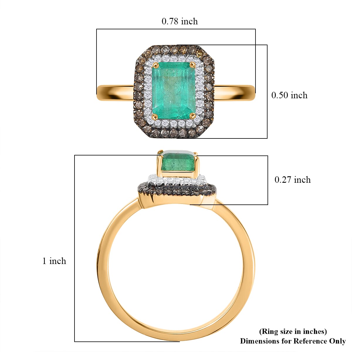 D'Joy Premium Kagem Zambian Emerald, Natural Champagne and White Diamond 1.25 ctw Art Deco Ring in 18K Vermeil Yellow Gold Over Sterling Silver (Size 10.0) image number 5