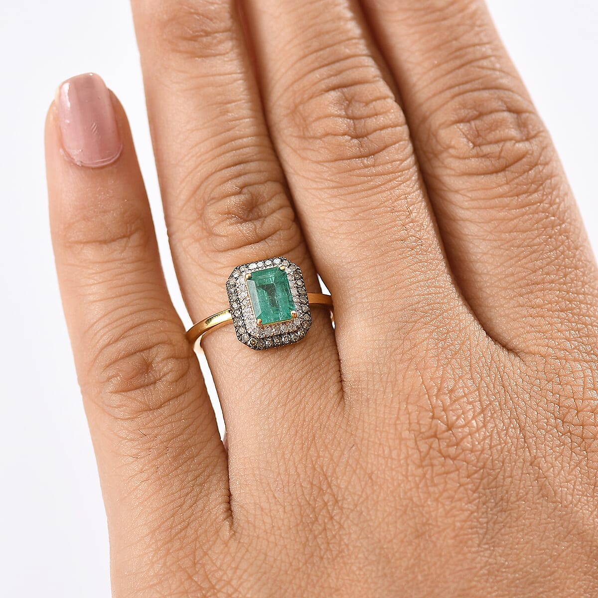 D'Joy Premium Kagem Zambian Emerald, Natural Champagne and White Diamond 1.25 ctw Art Deco Ring in 18K Vermeil Yellow Gold Over Sterling Silver (Size 6.0) image number 2