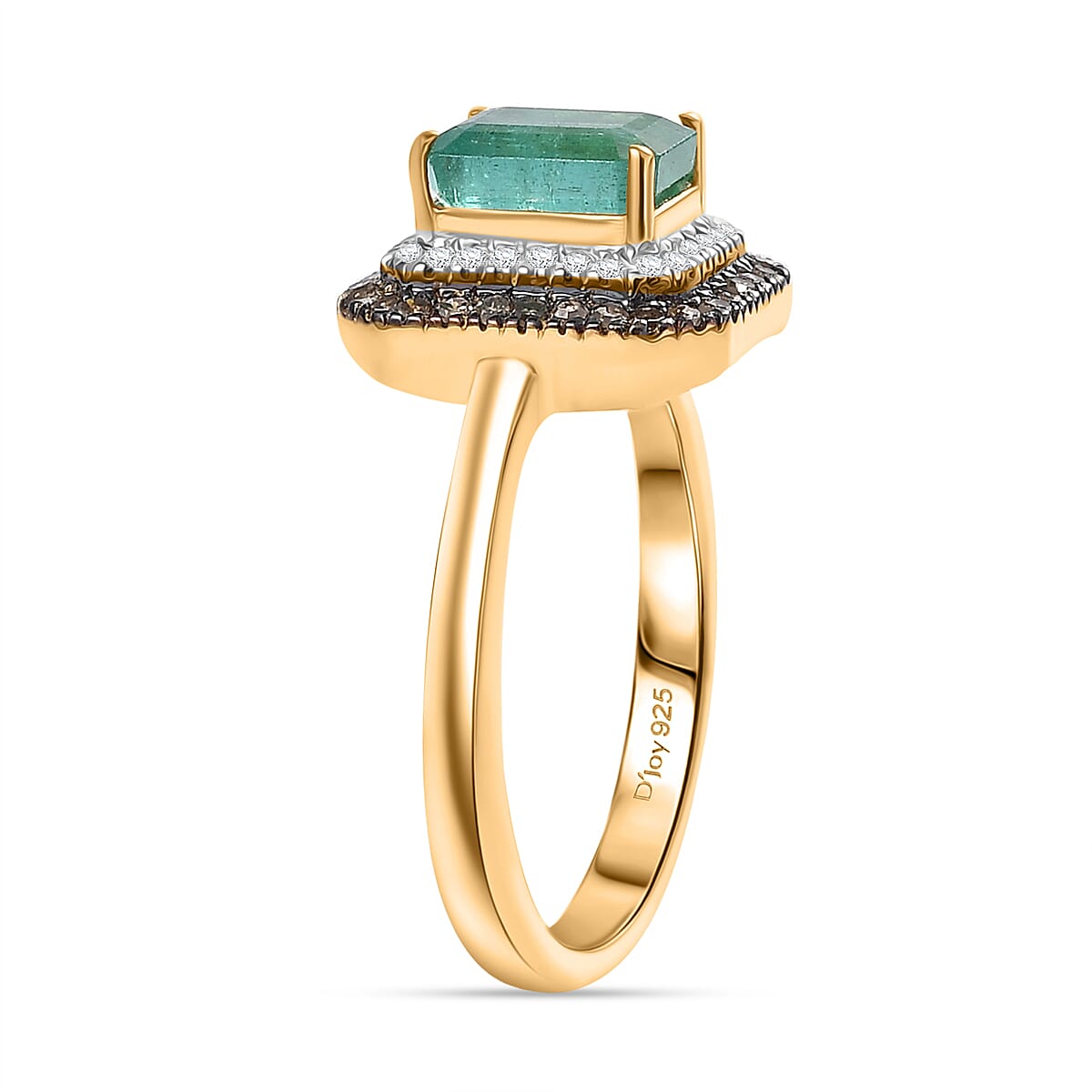 D'Joy Premium Kagem Zambian Emerald, Natural Champagne and White Diamond 1.25 ctw Art Deco Ring in 18K Vermeil Yellow Gold Over Sterling Silver (Size 6.0) image number 3
