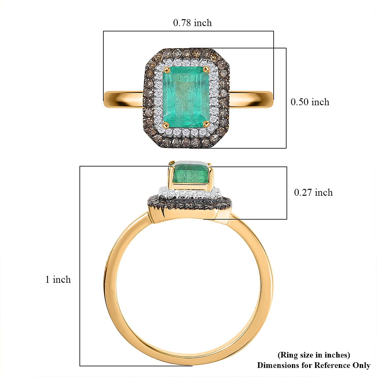D'Joy Premium Kagem Zambian Emerald, Natural Champagne and White Diamond 1.25 ctw Art Deco Ring in 18K Vermeil Yellow Gold Over Sterling Silver (Size 6.0) image number 5