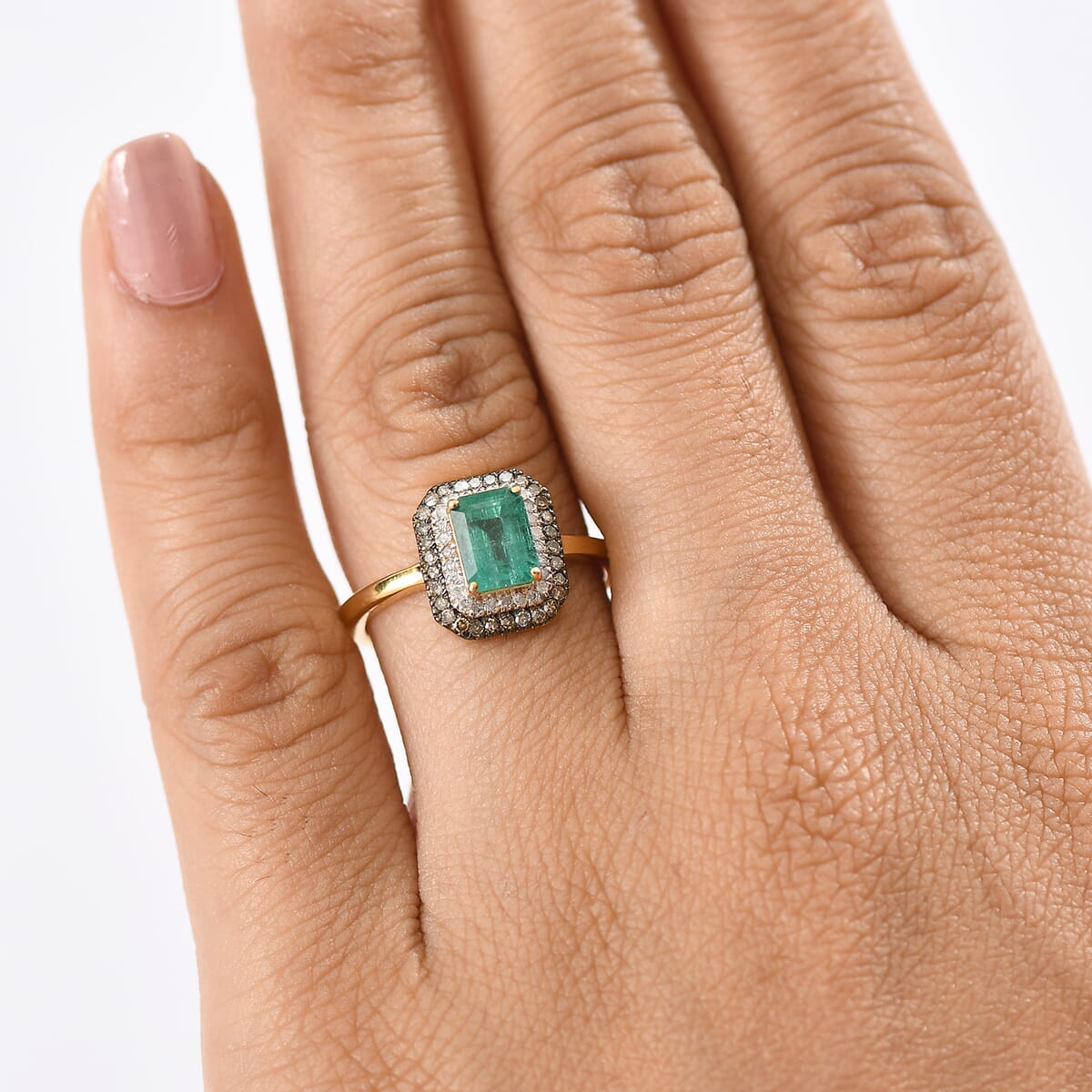 D'Joy Premium Kagem Zambian Emerald, Natural Champagne and White Diamond 1.25 ctw Art Deco Ring in 18K Vermeil Yellow Gold Over Sterling Silver (Size 7.0) image number 2