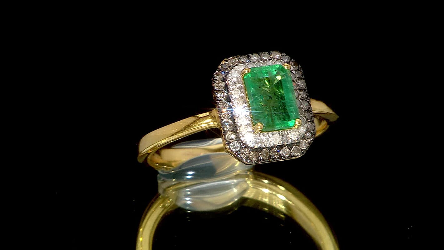 D'Joy Premium Kagem Zambian Emerald, Natural Champagne and White Diamond (0.25 cts) Ring in 18K Vermeil YG Over Sterling Silver (Size 10.0) 1.25 ctw