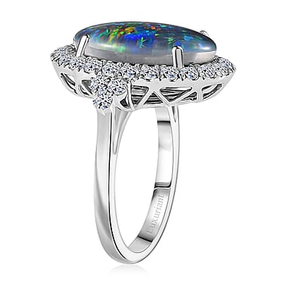 Premium Australian Black Ridge Opal Triplet and G-H SI Luxuriant Lab Grown Diamond 5.75 ctw Ring in 10K White Gold (Size 10.0)