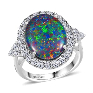 Certified & Appraised Premium Elysian Opal (Triplet) and G-H SI Luxuriant Lab Grown Diamond 5.75 ctw Ring in 10K White Gold (Size 6.0)