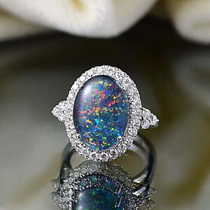 Premium Australian Black Ridge Opal Triplet and G-H SI Luxuriant Lab Grown Diamond 5.75 ctw Ring in 10K White Gold (Size 6.0)