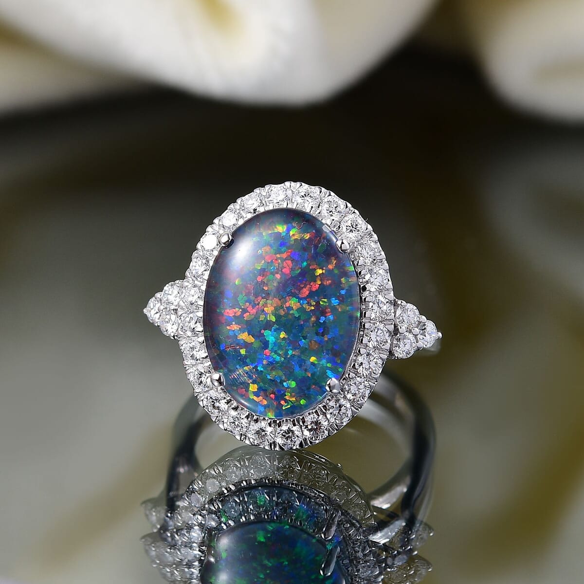 Certified & Appraised Premium Elysian Opal (Triplet) and G-H SI Luxuriant Lab Grown Diamond 5.75 ctw Ring in 10K White Gold (Size 7.0) image number 1