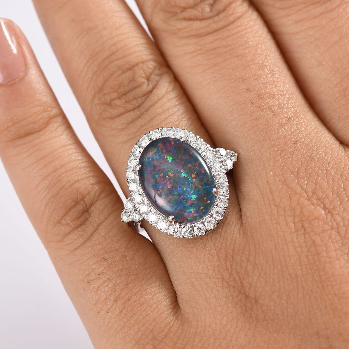 Certified & Appraised Premium Elysian Opal (Triplet) and G-H SI Luxuriant Lab Grown Diamond 5.75 ctw Ring in 10K White Gold (Size 7.0) image number 2