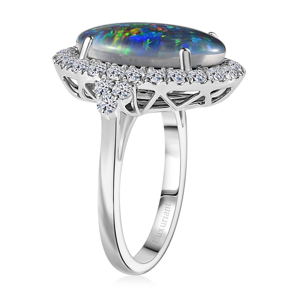 Certified & Appraised Premium Elysian Opal (Triplet) and G-H SI Luxuriant Lab Grown Diamond 5.75 ctw Ring in 10K White Gold (Size 7.0) image number 3