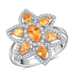 D'Joy Tanzanian Mandarin Garnet and White Zircon 2.50 ctw Flora Flame Ring in Rhodium Over Sterling Silver (Size 10.0)