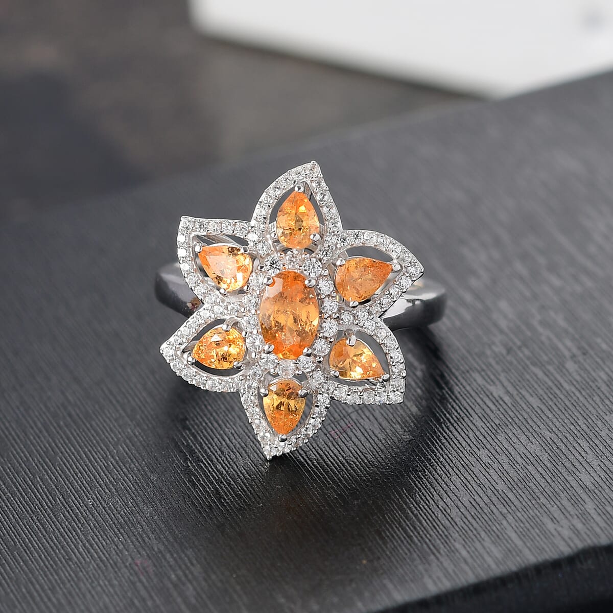 D'Joy Tanzanian Mandarin Garnet and White Zircon 2.50 ctw Flora Flame Ring in Rhodium Over Sterling Silver (Size 10.0) image number 1