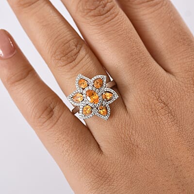D'Joy Tanzanian Mandarin Garnet and White Zircon 2.50 ctw Flora Flame Ring in Rhodium Over Sterling Silver (Size 10.0)