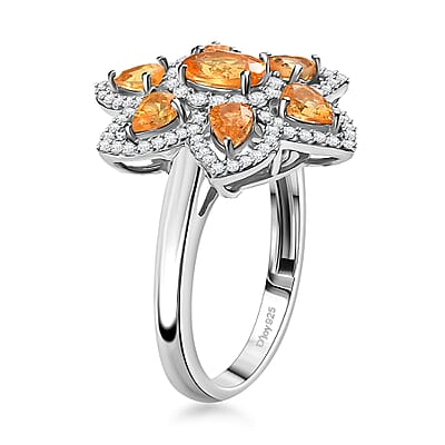 D'Joy Tanzanian Mandarin Garnet and White Zircon 2.50 ctw Flora Flame Ring in Rhodium Over Sterling Silver (Size 10.0)