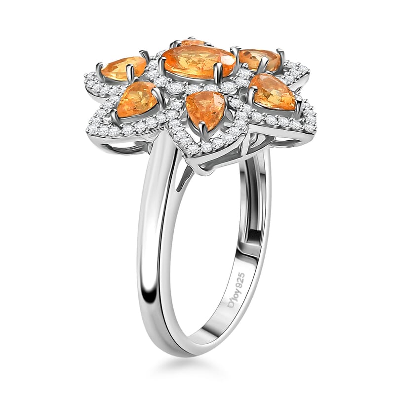 D'Joy Tanzanian Mandarin Garnet and White Zircon 2.50 ctw Flora Flame Ring in Rhodium Over Sterling Silver (Size 10.0)