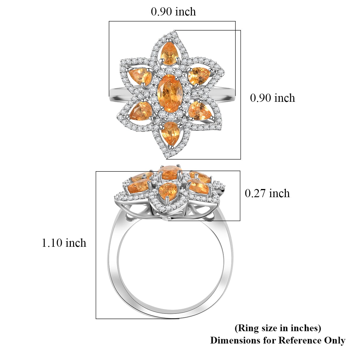 D'Joy Tanzanian Mandarin Garnet and White Zircon 2.50 ctw Flora Flame Ring in Rhodium Over Sterling Silver (Size 10.0) image number 5