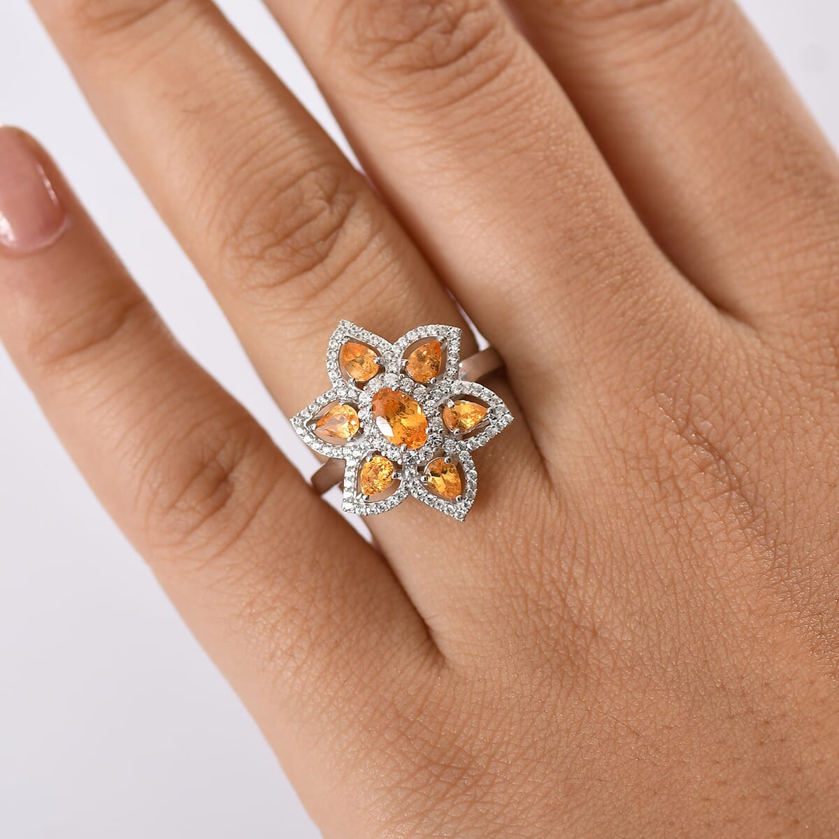D'Joy Tanzanian Mandarin Garnet and White Zircon 2.50 ctw Flora Flame Ring in Rhodium Over Sterling Silver (Size 8.0) image number 2