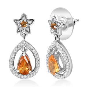 D'Joy Tanzanian Mandarin Garnet and White Zircon Stellar Bloom Inner Drop Earrings in Rhodium Over Sterling Silver