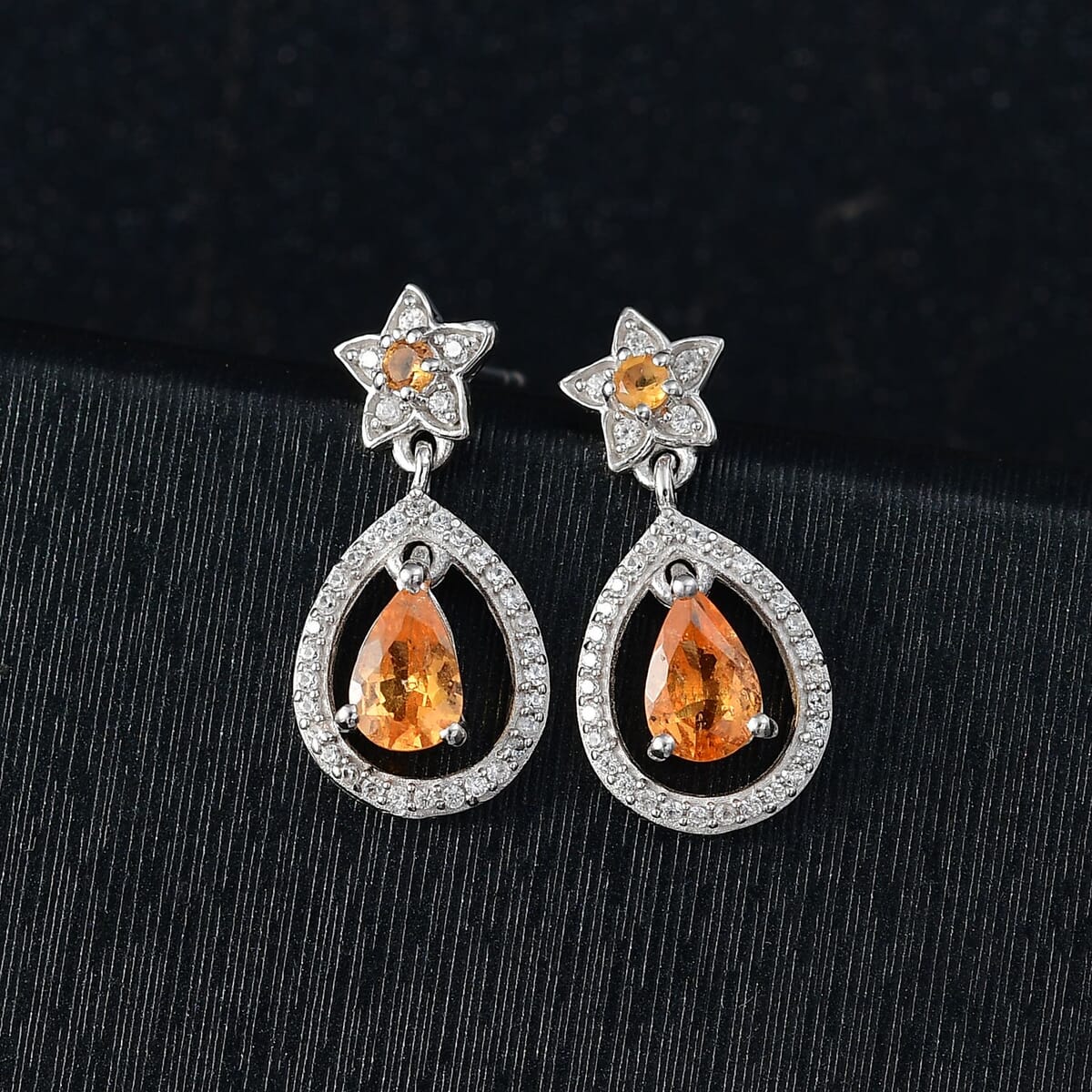 D'Joy Tanzanian Mandarin Garnet and White Zircon Stellar Bloom Inner Drop Earrings in Rhodium Over Sterling Silver image number 1