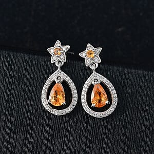 D'Joy Tanzanian Mandarin Garnet and White Zircon Stellar Bloom Inner Drop Earrings in Rhodium Over Sterling Silver
