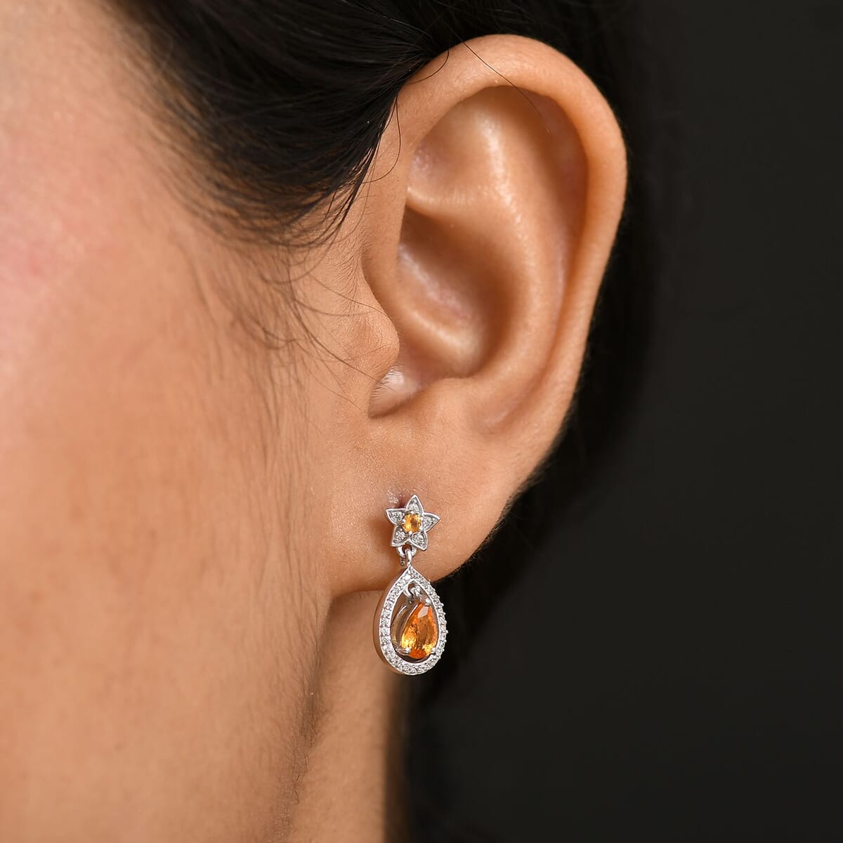 D'Joy Tanzanian Mandarin Garnet and White Zircon Stellar Bloom Inner Drop Earrings in Rhodium Over Sterling Silver image number 2