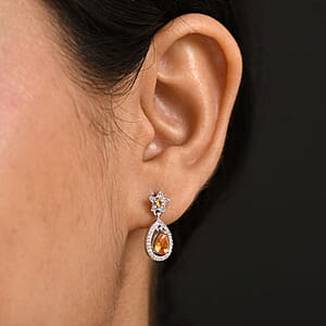 D'Joy Tanzanian Mandarin Garnet and White Zircon Stellar Bloom Inner Drop Earrings in Rhodium Over Sterling Silver