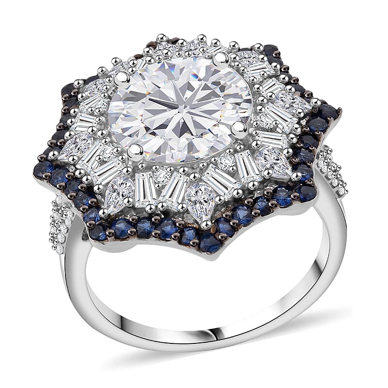 Heart and Arrow Cut Moissanite and Ceylon Sapphire 5.90 ctw Starflower Halo Ring in Rhodium Over Sterling Silver (Size 10.0)