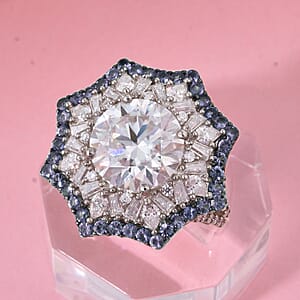 Heart and Arrow Cut Moissanite and Ceylon Sapphire 5.90 ctw Starflower Halo Ring in Rhodium Over Sterling Silver (Size 10.0)