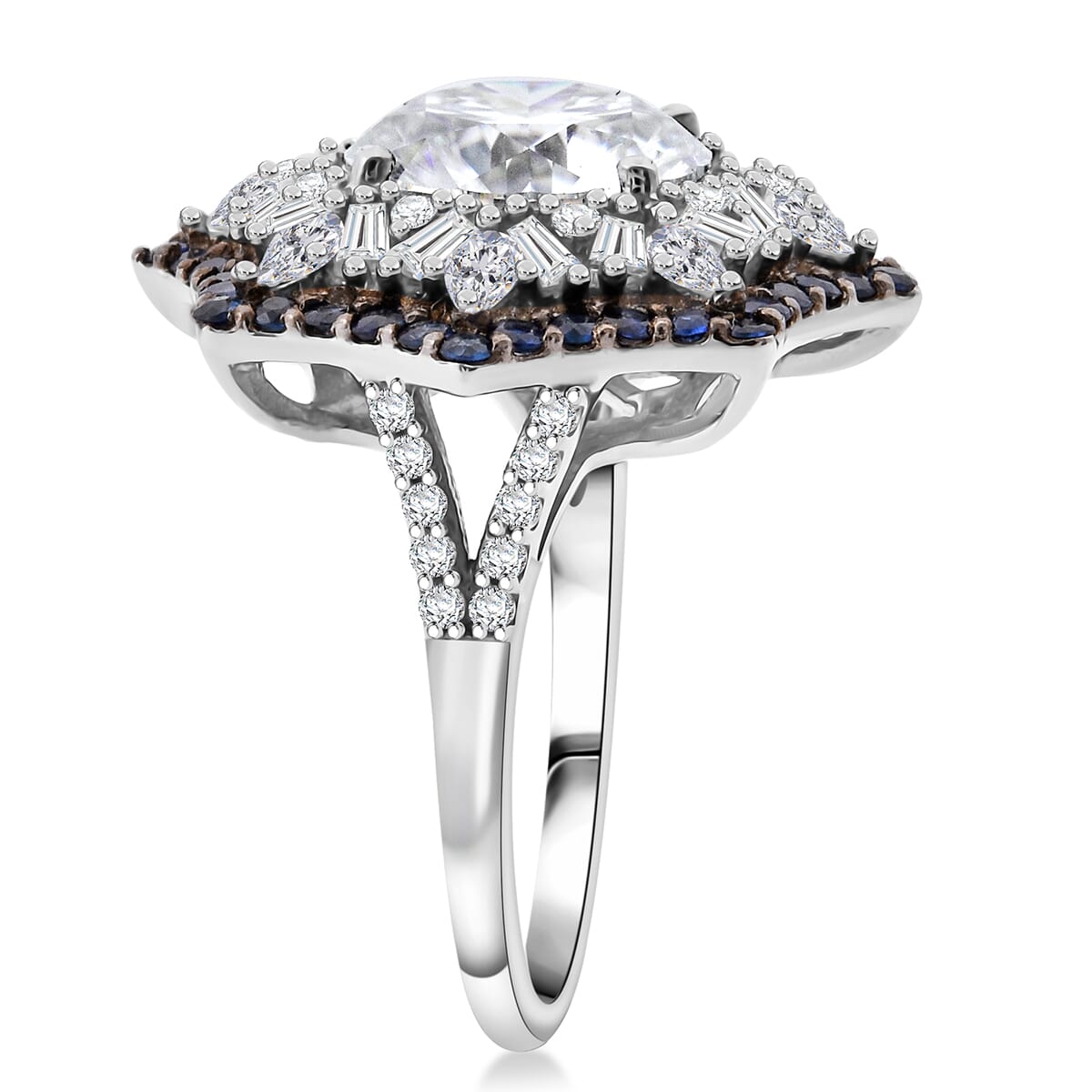 Heart and Arrow Cut Moissanite (Rnd 10mm), Ceylon Sapphire Ring in Rhodium Over Sterling Silver (Size 7.0) 5.90 ctw image number 3
