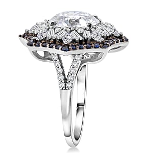 Heart and Arrow Cut Moissanite and Ceylon Sapphire 5.90 ctw Starflower Halo Ring in Rhodium Over Sterling Silver (Size 10.0)